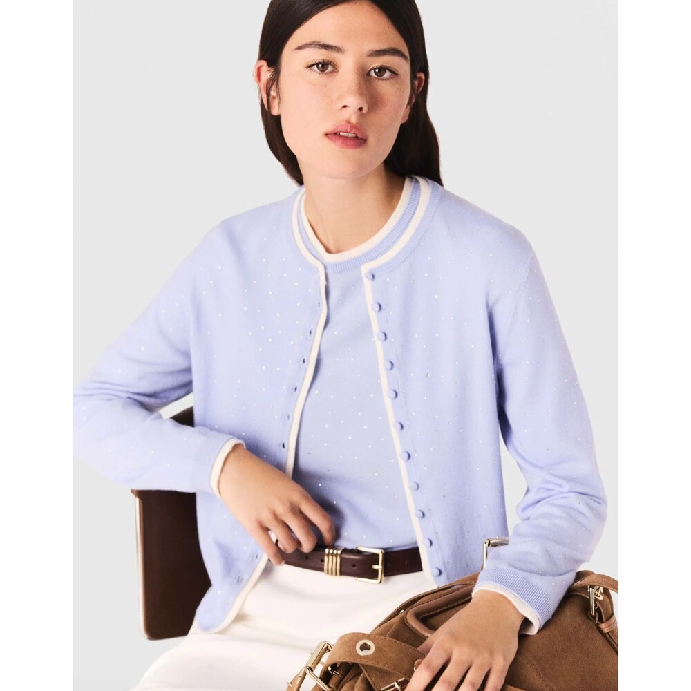 Maje Knit Embellished Cardigan in Light Blue Size 1 or Small Sparkle Rhinestones